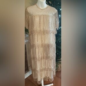Vintage Rina Di Montella Women's Sz 12 Lace Ivory Rhinestone Embellished Dress